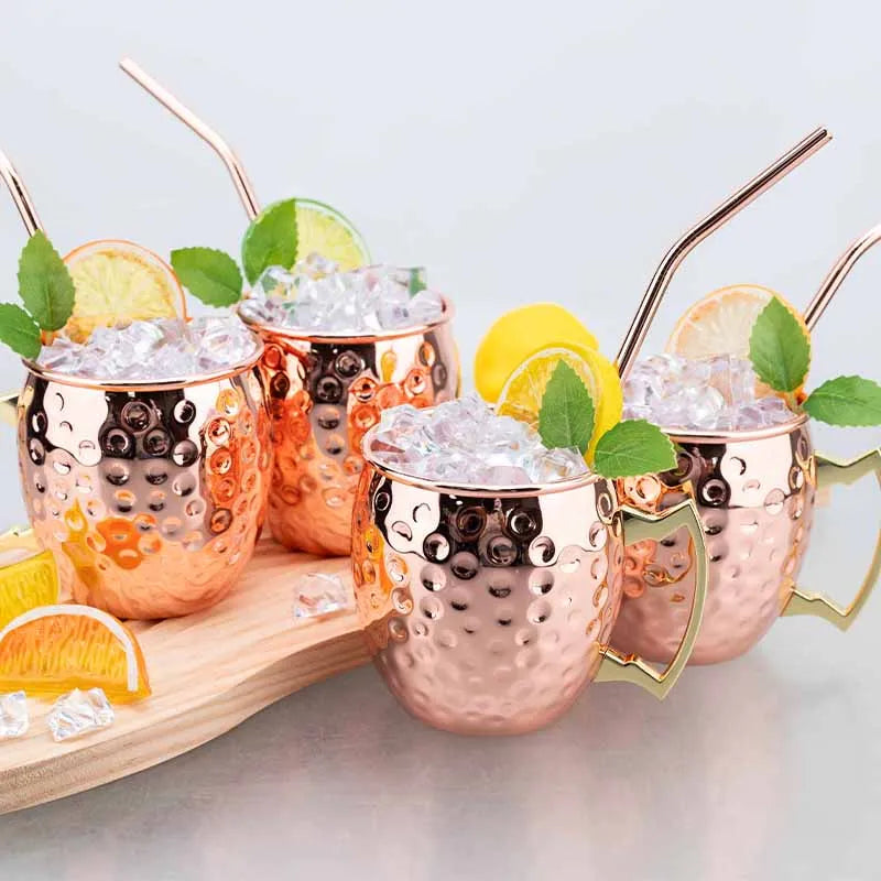 Moscow Mule Mug Set with Straw Copper Plated Hammered 350ml - 304 Stainless Steel Mini Cups with Gift Box for Bar and Home