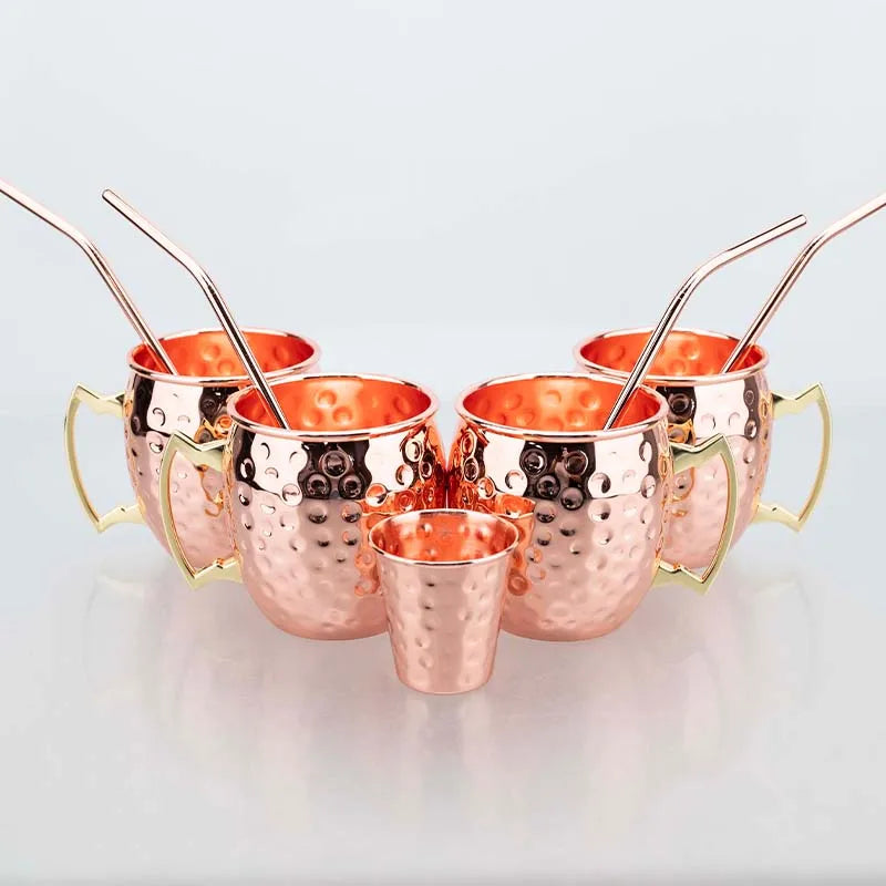 Moscow Mule Mug Set with Straw Copper Plated Hammered 350ml - 304 Stainless Steel Mini Cups with Gift Box for Bar and Home