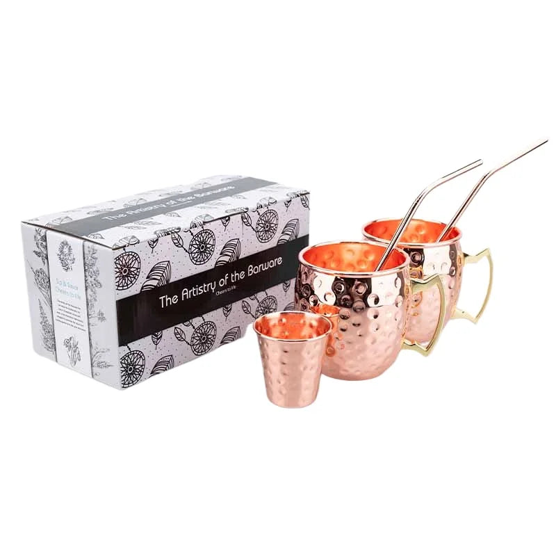 Moscow Mule Mug Set with Straw Copper Plated Hammered 350ml - 304 Stainless Steel Mini Cups with Gift Box for Bar and Home
