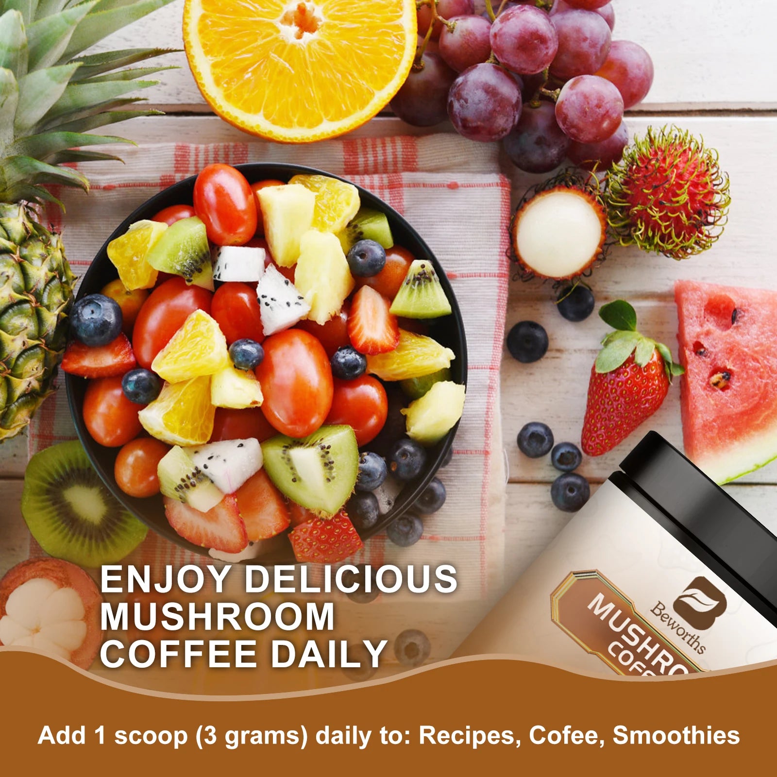 BWEORTHS 250G Mushroom Coffee Mixed Reishi & Lion's Mane Mushrooms Support Immunity and Focus Health Boost Memory NO-GMO 10 in 1