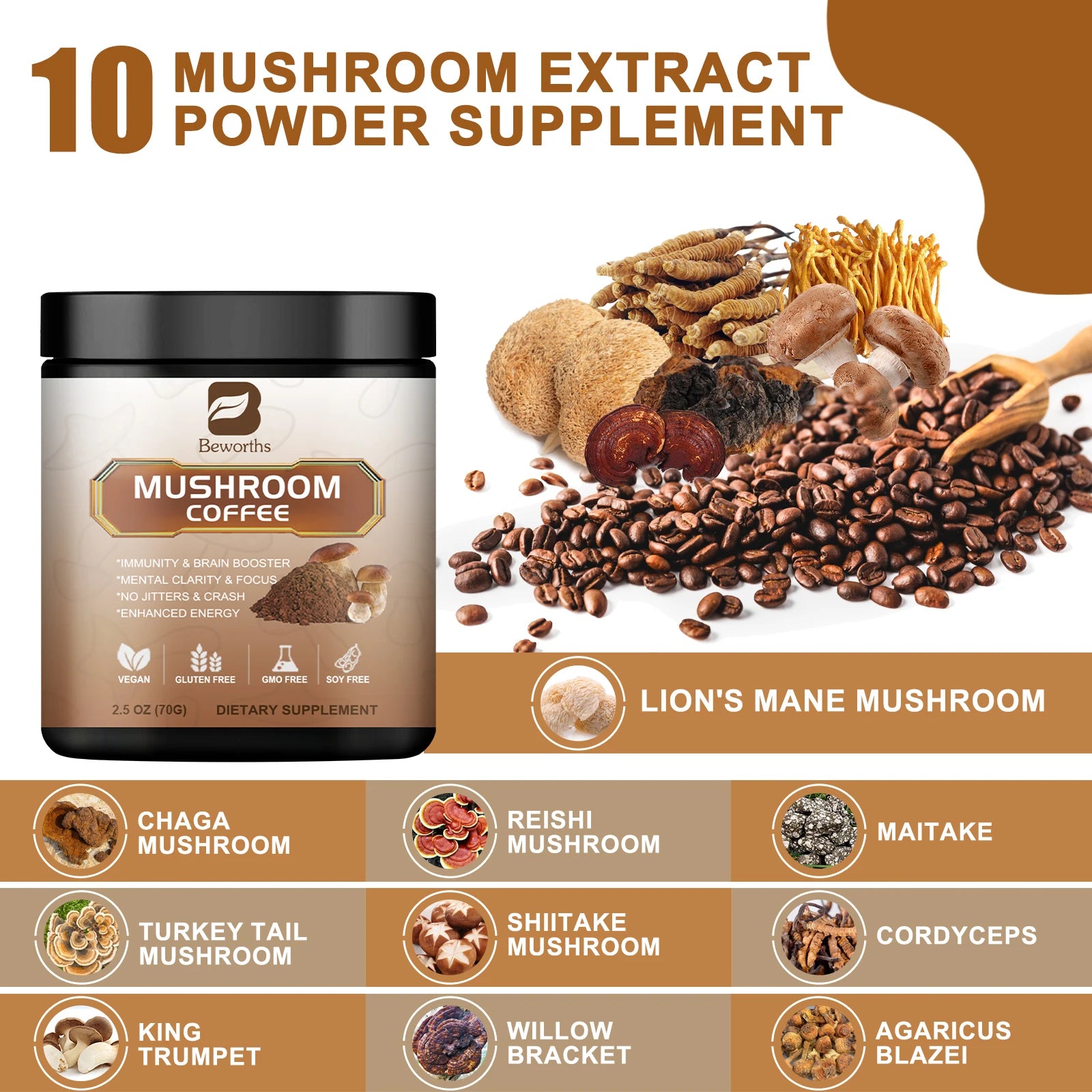 BWEORTHS 250G Mushroom Coffee Mixed Reishi & Lion's Mane Mushrooms Support Immunity and Focus Health Boost Memory NO-GMO 10 in 1