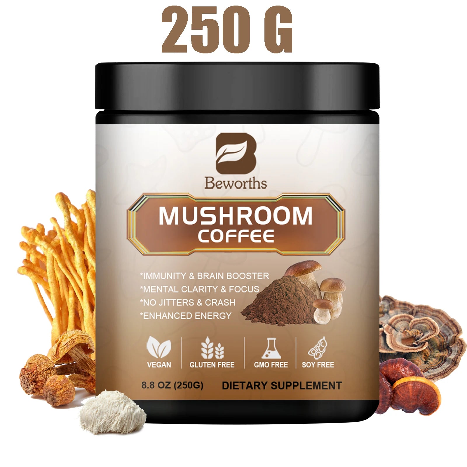 BWEORTHS 250G Mushroom Coffee Mixed Reishi & Lion's Mane Mushrooms Support Immunity and Focus Health Boost Memory NO-GMO 10 in 1
