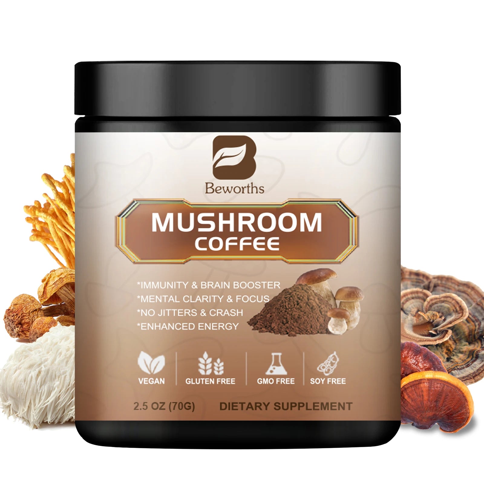 BWEORTHS 250G Mushroom Coffee Mixed Reishi & Lion's Mane Mushrooms Support Immunity and Focus Health Boost Memory NO-GMO 10 in 1